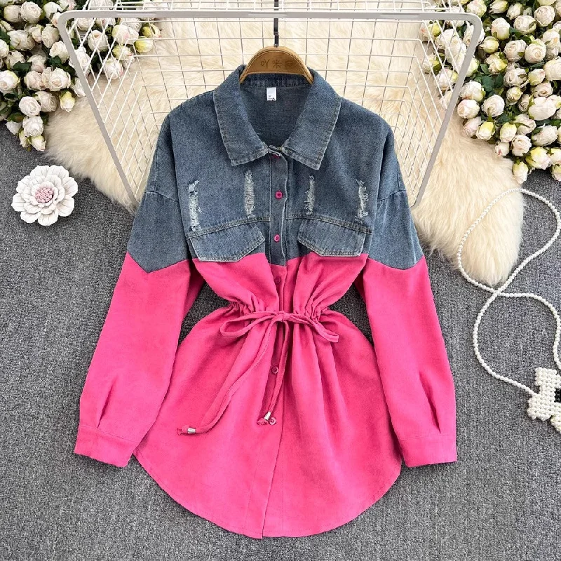 Denim shirt for women new design mid-length top long-sleeved shirt jacket      S4144 Mesh Jacket Canvas Jacket Denim Jacket