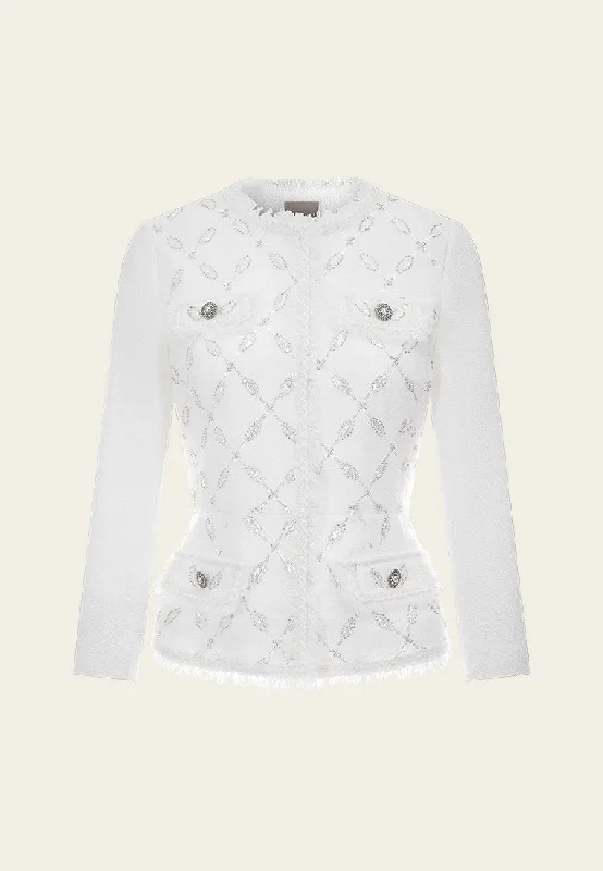 Diamond-pattern Frayed-trim Slim-fit Jacket V-Neck Jacket Boat Neck Jacket Square Neck Jacket