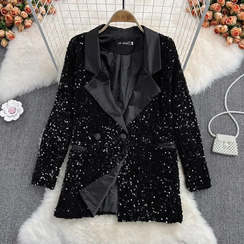 fashion mid-length sequined suit jacket two-piece sexy dress S4022 Bomber Jacket Anorak Windbreaker fashion mid-length sequined suit jacket two-piece sexy dress S4022 Bomber Jacket Anorak Windbreaker