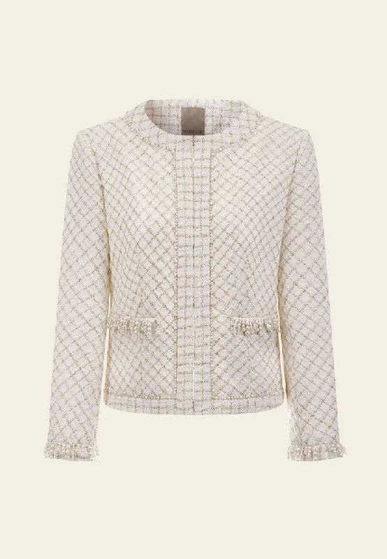 Golden Lurex Diamond Pearl-trim Jacket Front Pockets Side Pockets Patch Pockets