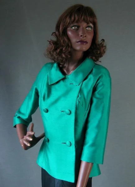 Women's 50s Vintage Jacket Emerald Green Fitted Silk Shantung Double Breasted Medium VFG Stand-Up Collar Roll-Neck Collar Turtle Neck