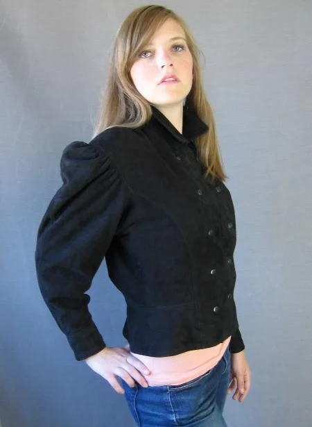 Women's Jacket 80s Michael Hoban North Beach Vintage Military Style Black Suede VFG Medium Toggled Jacket Drawstring Jacket Belted Jacket