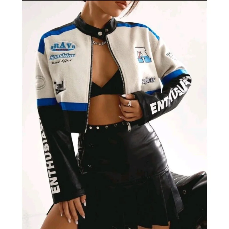 Leather Graphic Colourblock Crop Jacket. Cotton Fabric Linen Fabric Terry Fabric