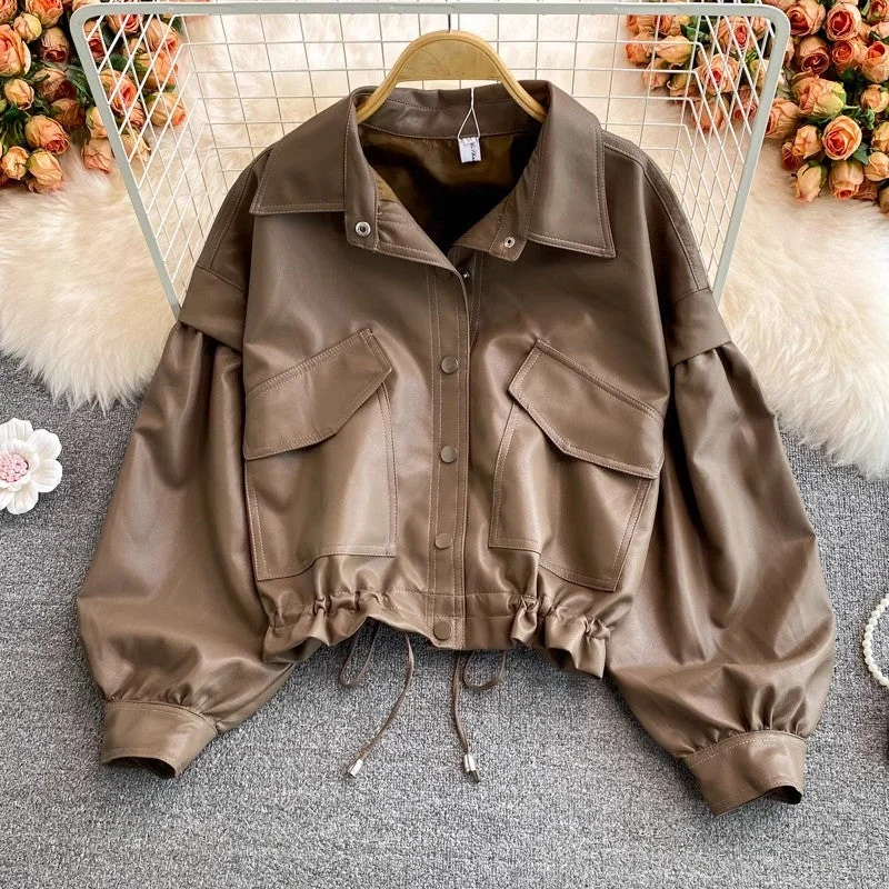 Leather Jacket Women's Long Sleeve Casual Short Jacket S4021 Hoodie Zip-Up Jacket Button-Up Jacket Leather Jacket Women's Long Sleeve Casual Short Jacket S4021 Hoodie Zip-Up Jacket Button-Up Jacket