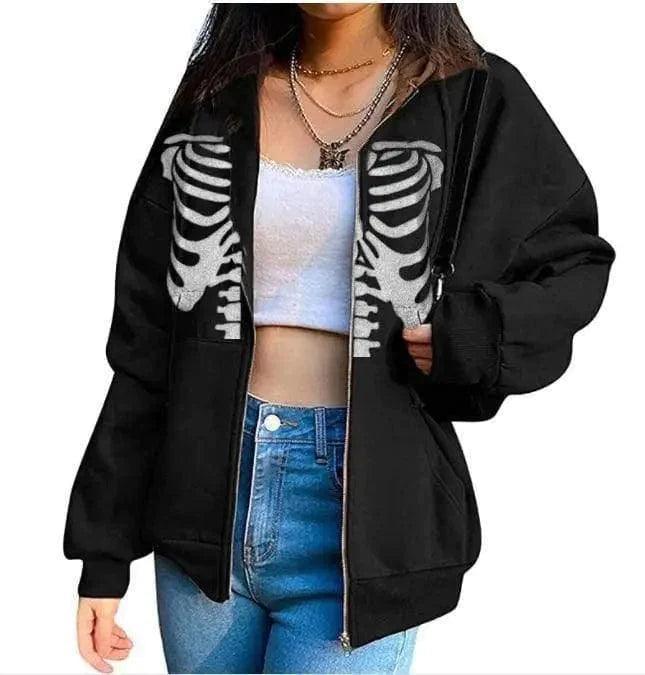 Women's Streetwear Hooded Jacket Skeleton Print Coat Loose Satin Jacket Silk Jacket Chiffon Jacket Women's Streetwear Hooded Jacket Skeleton Print Coat Loose Satin Jacket Silk Jacket Chiffon Jacket