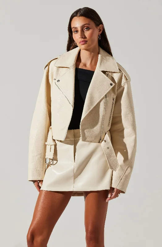Orsina Belted Faux Leather Moto Jacket Ribbed Jacket Pleated Jacket Ruffled Jacket