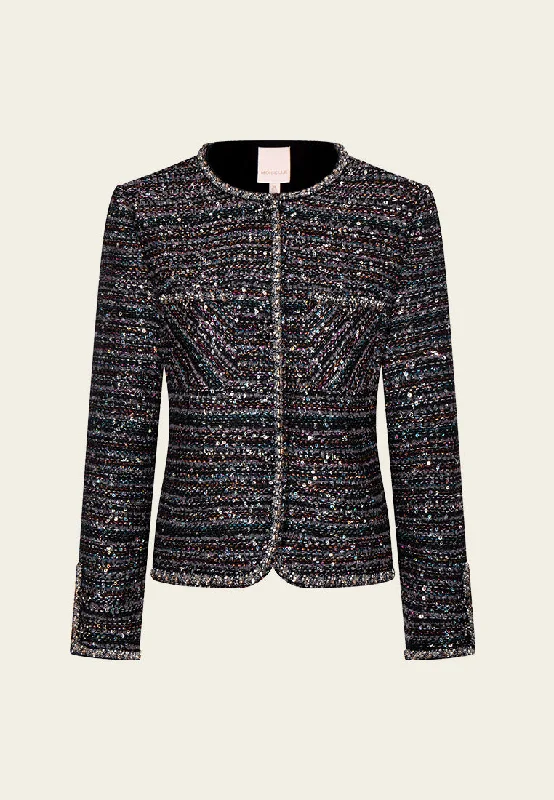 Prestige Embellished Stripped Jacket Boat Neck Shawl Collar Notched Collar