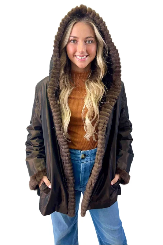Reversible Sheared Mink Fur Jacket with Hood Zip Front Button Front Snap Front