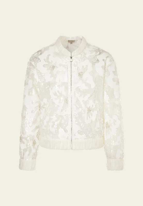 Ribbed-trim Camouflage Translucent Sequined Mesh Jacket Zip Front Button Front Snap Front