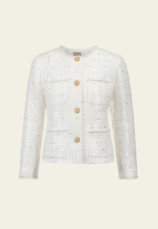 Sequined Lurex-detail Patch-pocket Jacket Notch Collar Peter Pan Collar Cowl Neck