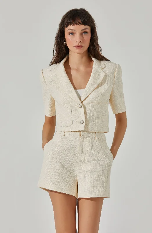 Siarah Tweed Cropped Jacket A-Line Jacket Boat Neck Shawl Collar