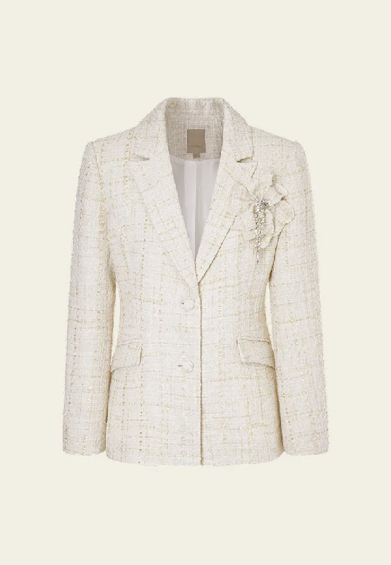 Single-breasted Crystal-detail Flower Embellishment Jacket Wool Jacket Cashmere Jacket Tweed Jacket