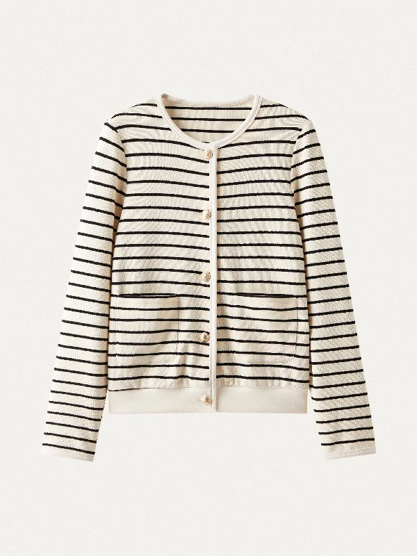 Stripy Gold Button Knit Jacket A-Line Jacket Boat Neck Shawl Collar