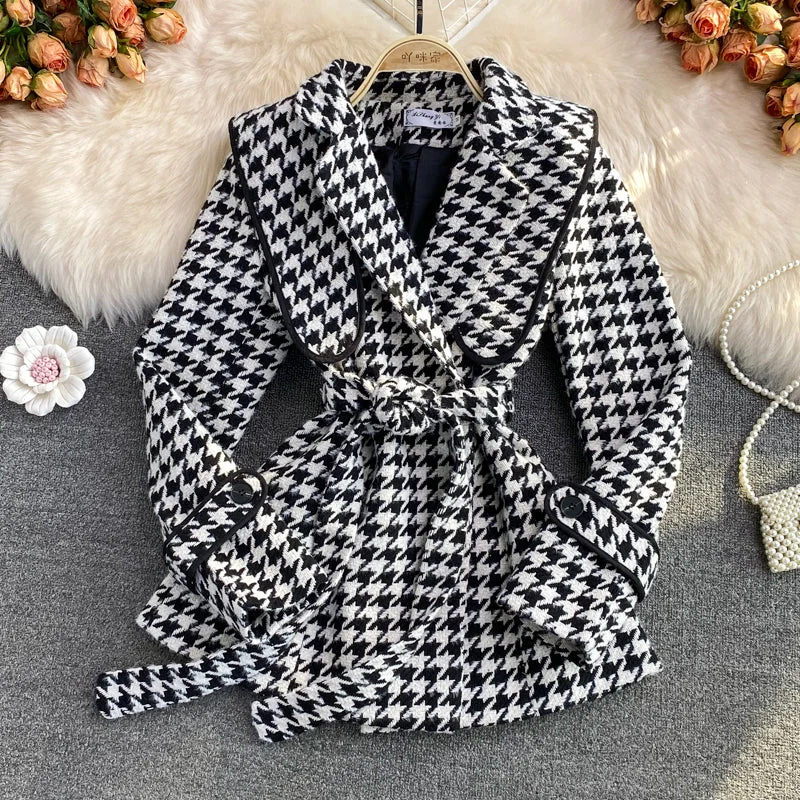 Stylish Houndstooth Long Sleeve Jacket     S494 Notch Collar Peter Pan Collar Cowl Neck