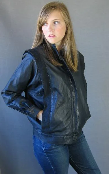 Women's Jacket  80s Vintage Leather Cafe Racer Thriller Inspired Dark Blue VFG M/L Print Jacket Jacquard Jacket Patchwork Jacket