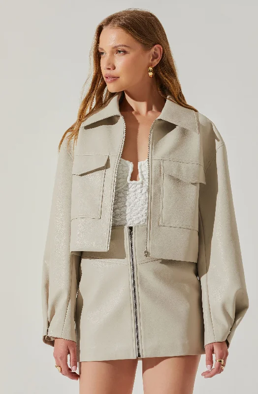 Tracy Faux Leather Cropped Cargo Jacket Insulated Jacket Fitted Jacket Loose Jacket