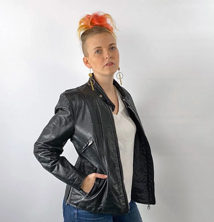 Women's Vintage 70s Motorcycle Jacket Black Leather Moto M/L VFG Zippered Jacket Buttoned Jacket Snapped Jacket
