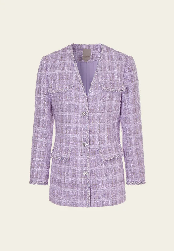Violet Checked Tweed Flap-pocket Jacket Elasticated Jacket Padded Jacket Insulated Jacket