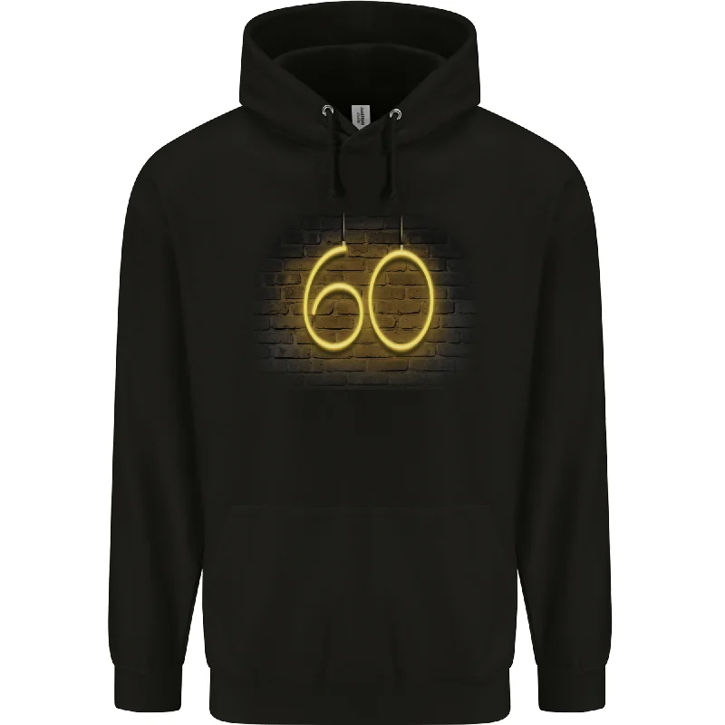 60th Birthday Neon Lights 60 Year Old Mens 80% Cotton Hoodie Hoodie with Bell Sleeves Flared Feminine