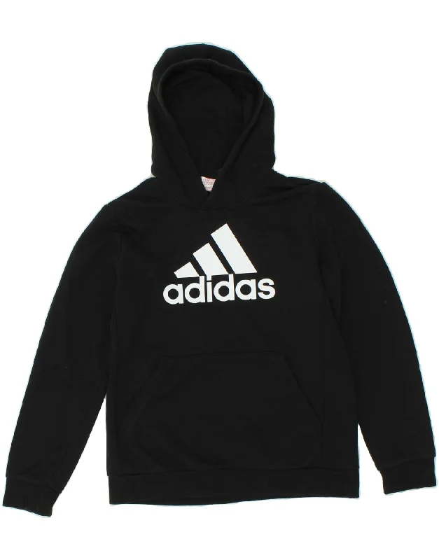 ADIDAS Boys Graphic Hoodie Jumper 13-14 Years Black Cotton