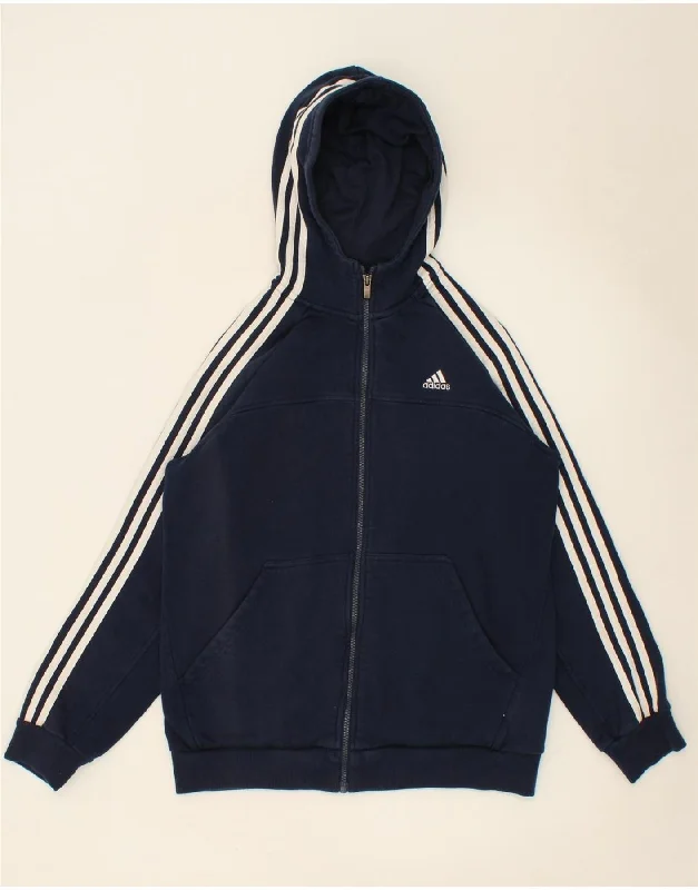 ADIDAS Boys Zip Hoodie Sweater 15-16 Years Navy Blue Cotton Hoodie with Hem Frayed Vintage Worn