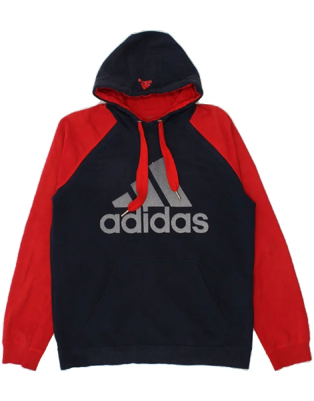 ADIDAS Mens Graphic Hoodie Jumper Large Navy Blue Colourblock Cotton