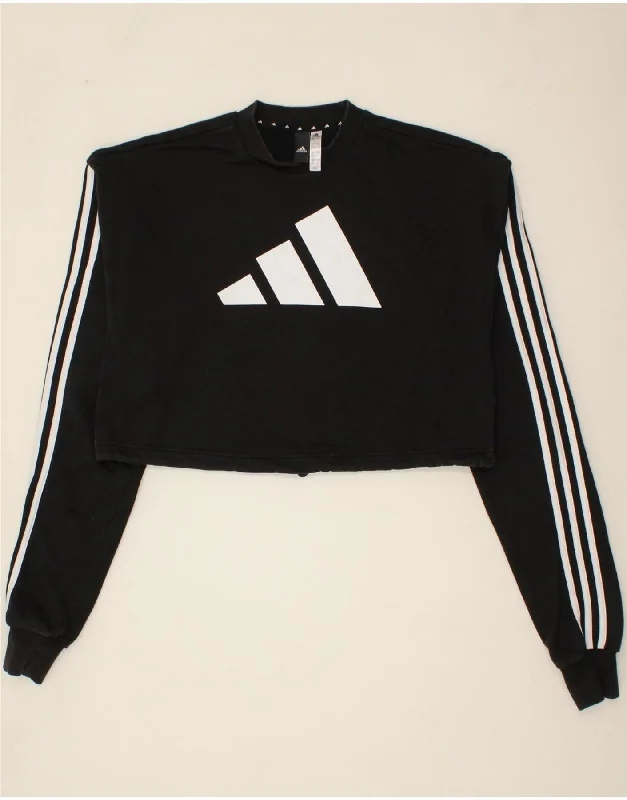 ADIDAS Womens Oversized Crop Graphic Sweatshirt Jumper UK 8/10 Small Black Hoodie with Illustration Artistic Creative