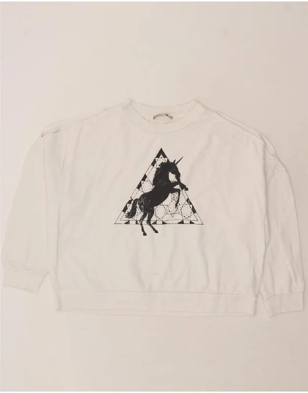 ALL SAINTS Womens Oversized Graphic Sweatshirt Jumper UK 16 Large White Hoodie with Velcro Closure Adjustable Secure