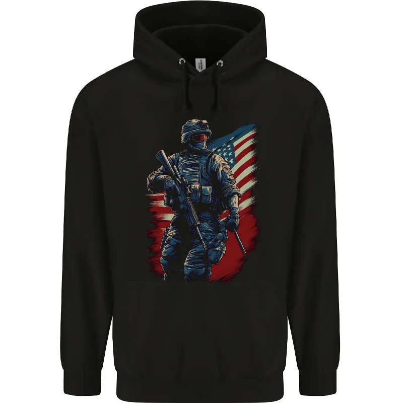 An American Soldier With USA Flag Army Marine Mens 80% Cotton Hoodie