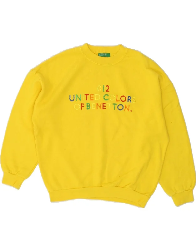 BENETTON Girls Oversized Graphic Sweatshirt Jumper 7-8 Years Medium Yellow Hoodie with Hem Fringe Bohemian Relaxed