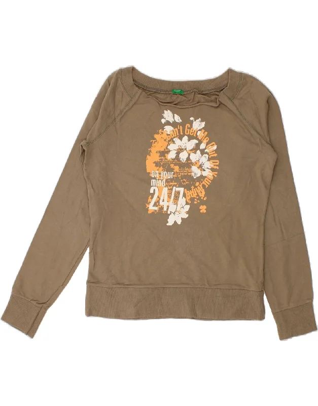BENETTON Womens Graphic Sweatshirt Jumper UK 14 Large Beige Cotton Hoodie with Raw Hem Edgy Unfinished BENETTON Womens Graphic Sweatshirt Jumper UK 14 Large Beige Cotton Hoodie with Raw Hem Edgy Unfinished