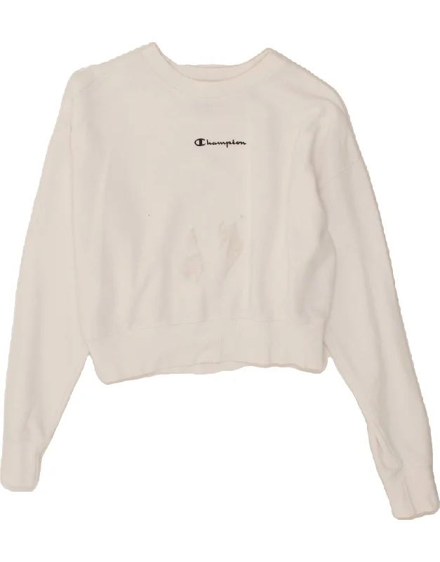 CHAMPION Womens Crop Sweatshirt Jumper UK 6 XS White Cotton Hoodie with Slit Hem Functional Movement CHAMPION Womens Crop Sweatshirt Jumper UK 6 XS White Cotton Hoodie with Slit Hem Functional Movement