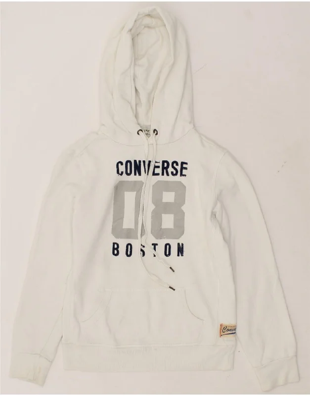 CONVERSE Womens Graphic Hoodie Jumper UK 12 Medium White Cotton Hoodie with Drawstring Waist Adjustable Fitted