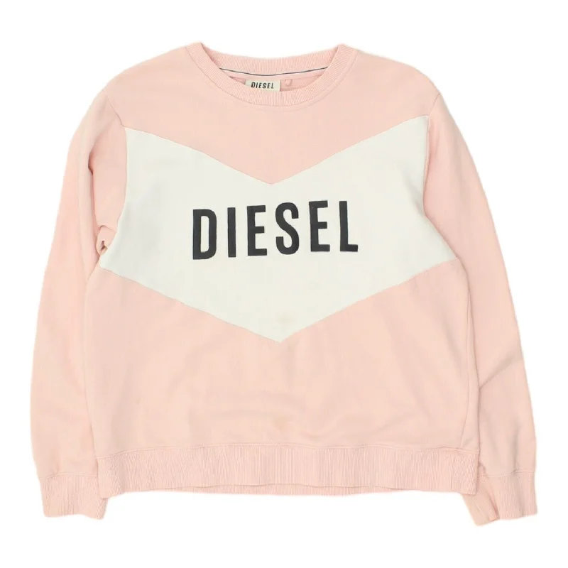 Diesel Womens Pink Spell Out Logo Sweatshirt | Designer Streetwear VTG Hoodie with Button Placket Classic Preppy Diesel Womens Pink Spell Out Logo Sweatshirt | Designer Streetwear VTG Hoodie with Button Placket Classic Preppy