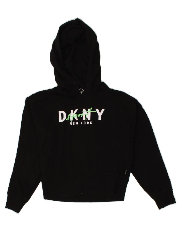 DKNY Womens Oversized Graphic Crop Hoodie Jumper UK 6 XS Black Cotton Hoodie with Pastel Soft Subtle