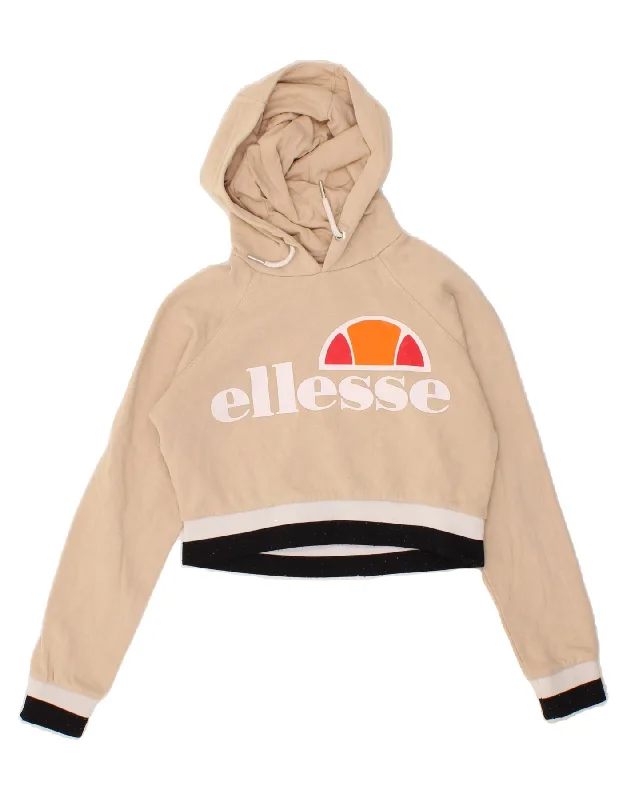 ELLESSE Womens Crop Graphic Hoodie Jumper UK 4 XS Beige Cotton Hoodie with Mesh Breathable Sporty ELLESSE Womens Crop Graphic Hoodie Jumper UK 4 XS Beige Cotton Hoodie with Mesh Breathable Sporty