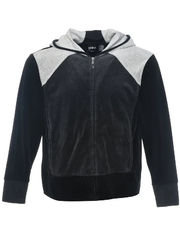 Erika Velvet Hooded Black & Grey Contrast Track Top - L