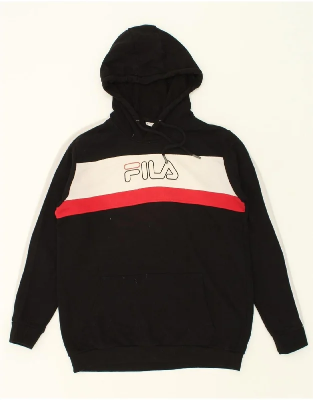 FILA Mens Graphic Hoodie Jumper Large Black Colourblock Cotton Hoodie with Hem Embroidery Detailed Premium FILA Mens Graphic Hoodie Jumper Large Black Colourblock Cotton Hoodie with Hem Embroidery Detailed Premium