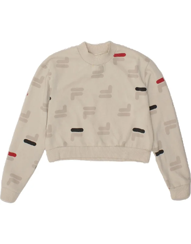 FILA Womens Graphic Sweatshirt Jumper UK 6 XS Beige Cotton Hoodie with Longline Fit Extended Stylish FILA Womens Graphic Sweatshirt Jumper UK 6 XS Beige Cotton Hoodie with Longline Fit Extended Stylish