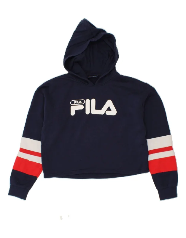 FILA Womens Oversized Graphic Crop Hoodie Jumper UK 14 Medium Navy Blue