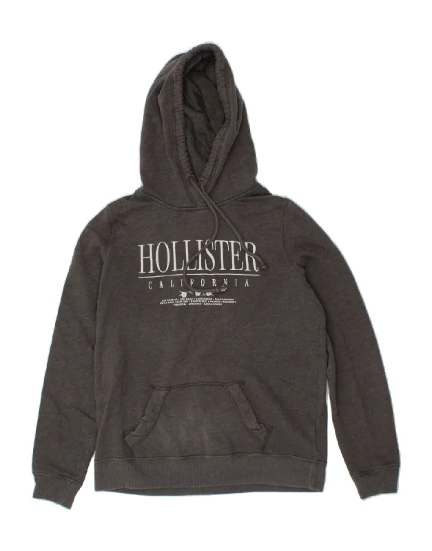 HOLLISTER Womens Graphic Hoodie Jumper UK 14 Medium Grey Cotton