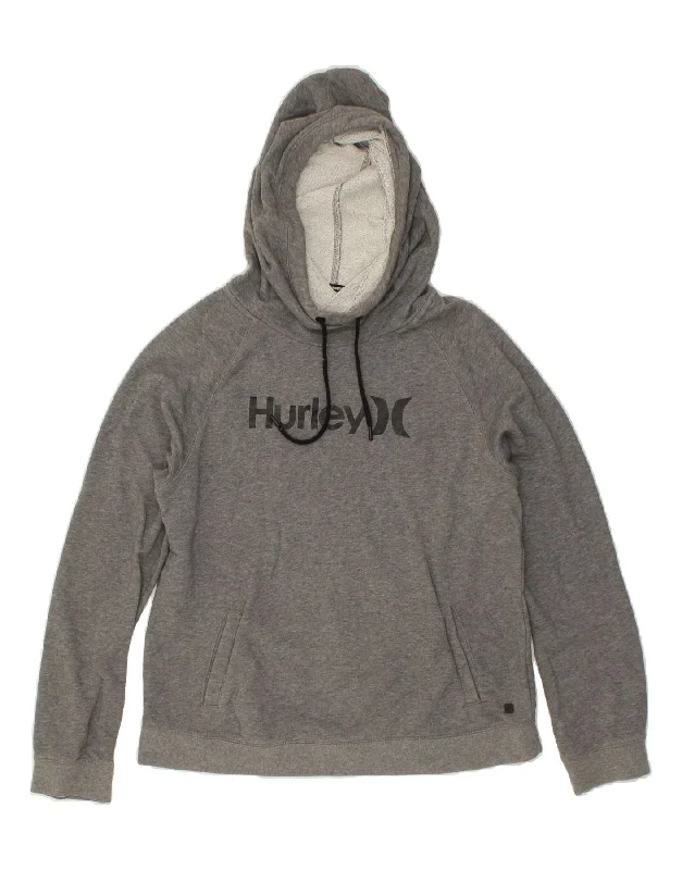 HURLEY Womens Graphic Hoodie Jumper UK 14 Medium Grey Cotton Hoodie with Hem Applique Textured Unique HURLEY Womens Graphic Hoodie Jumper UK 14 Medium Grey Cotton Hoodie with Hem Applique Textured Unique