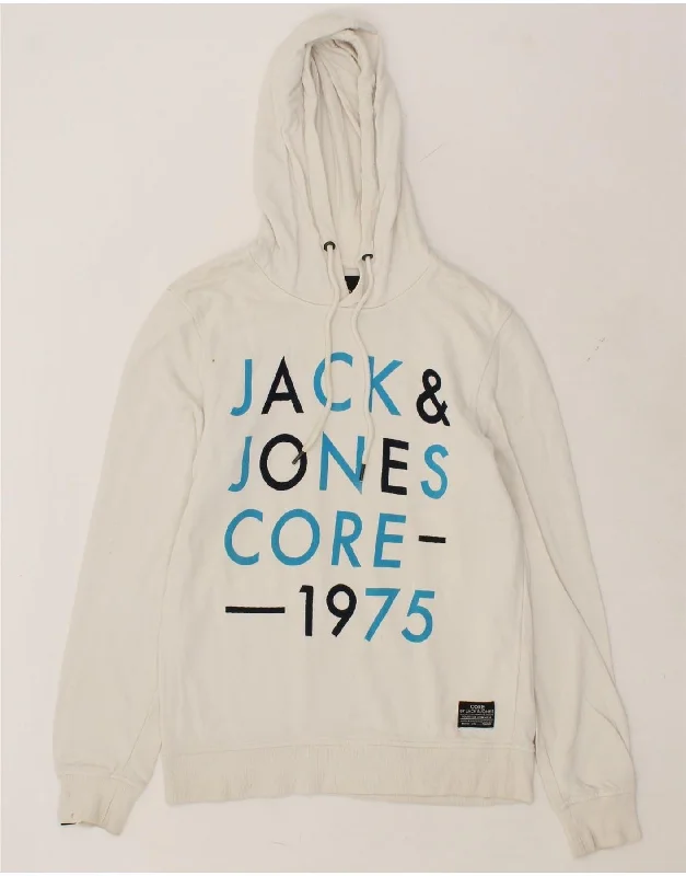 JACK & JONES Mens Graphic Hoodie Jumper Medium White Cotton Hoodie with Tied Waist Feminine Flattering