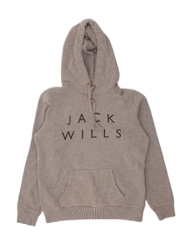 JACK WILLS Womens Graphic Hoodie Jumper UK 12 Medium Grey Cotton Hoodie with Emblem Brand Identity JACK WILLS Womens Graphic Hoodie Jumper UK 12 Medium Grey Cotton Hoodie with Emblem Brand Identity