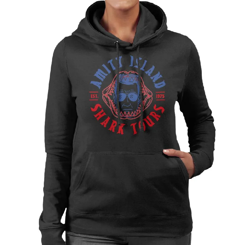 Jaws Amity Island Shark Tours Est 1975 Women's Hooded Sweatshirt Hoodie with Logo Branding Identity Jaws Amity Island Shark Tours Est 1975 Women's Hooded Sweatshirt Hoodie with Logo Branding Identity