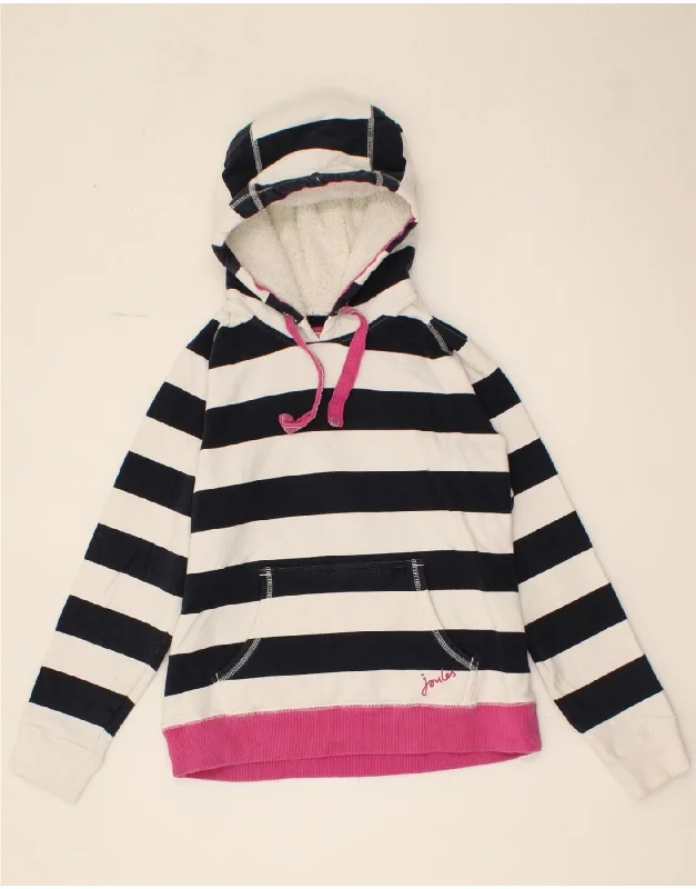 JOULES Womens Hoodie Jumper UK 12 Medium Navy Blue Striped Cotton Hoodie with Tie-Dye Psychedelic Retro