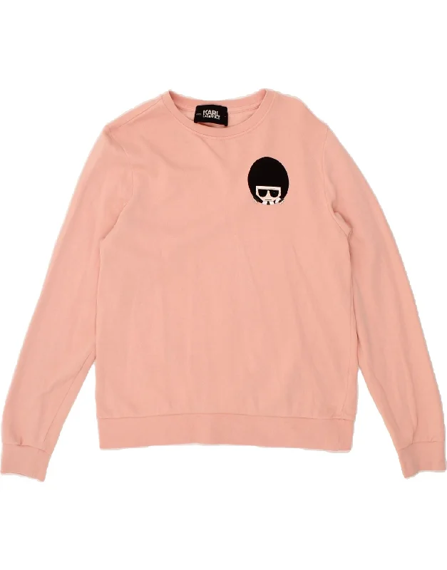KARL LAGERFELD Womens Graphic Sweatshirt Jumper UK 14 Medium Pink Cotton Hoodie with Cuffed Sleeves Snug Secure KARL LAGERFELD Womens Graphic Sweatshirt Jumper UK 14 Medium Pink Cotton Hoodie with Cuffed Sleeves Snug Secure