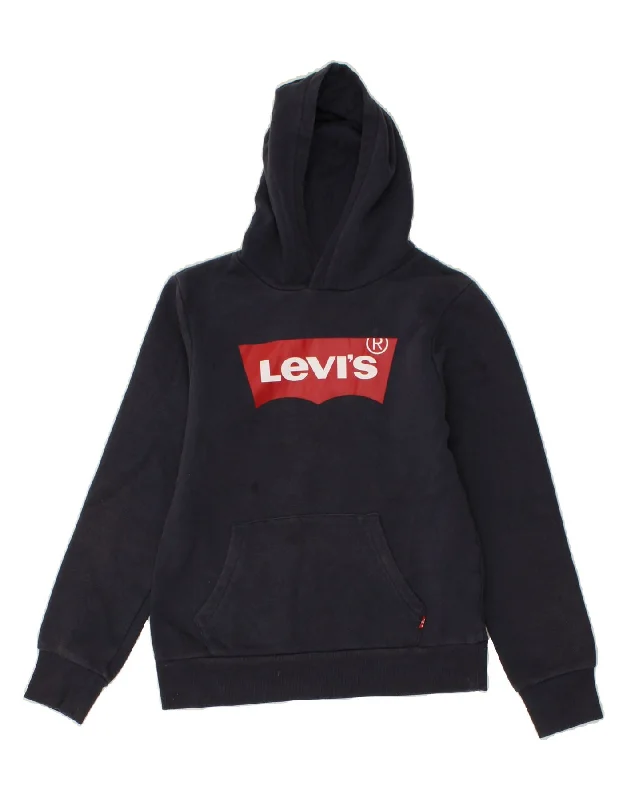 LEVI'S Boys Graphic Hoodie Jumper 13-14 Years Navy Blue Cotton Hoodie with Thumb Holes Functional Cozy