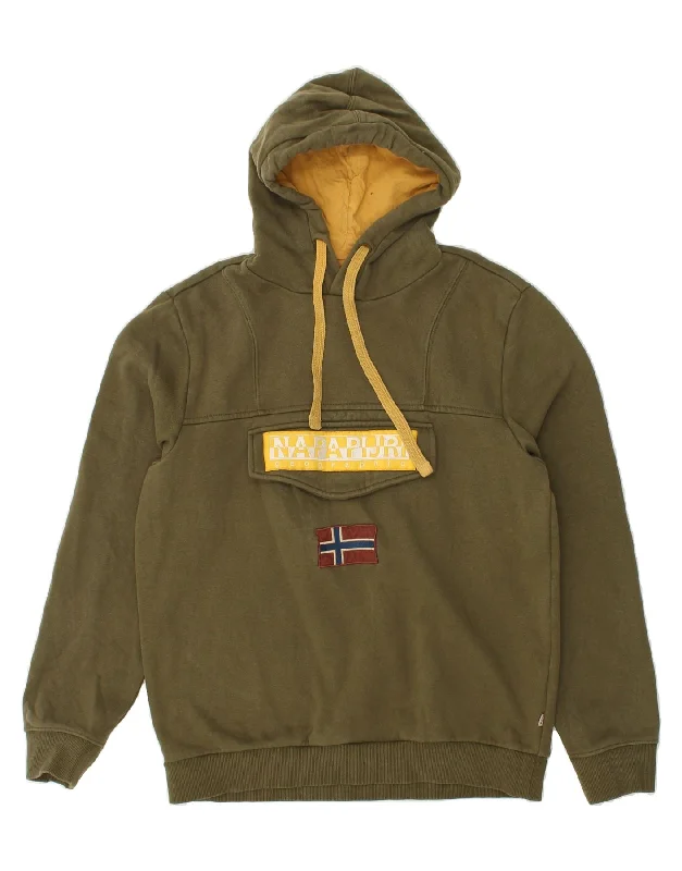 NAPAPIJRI Mens Graphic Hoodie Jumper Medium Khaki Cotton Hoodie with High-Low Hem Asymmetrical Trendy NAPAPIJRI Mens Graphic Hoodie Jumper Medium Khaki Cotton Hoodie with High-Low Hem Asymmetrical Trendy