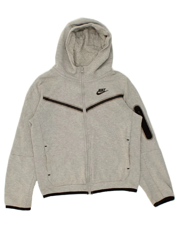 NIKE Boys Standard Fit Zip Hoodie Sweater 12-13 Years Large  Grey Cotton Hoodie with Hem Contrast Bold Stylish
